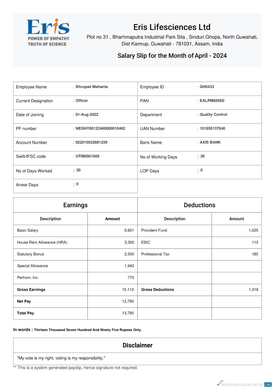 Download Eris Lifesciences salary slip template in Word and PDF formats.pdf, 1 Photoshop template
